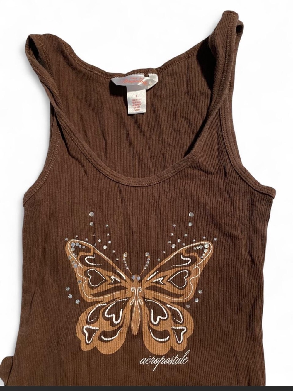 Aeropostale Brown Ribbed Tank with Butterfly Graphic